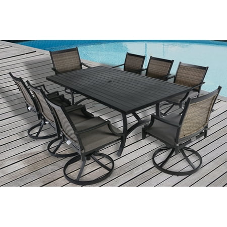 Outdoor Dining Sets With Umbrella Hole 9pc Aluminum and Wicker Swivel Rocking Cushioned Slat Top Patio Dining Set with Umbrella Hole- Black/Grey ()