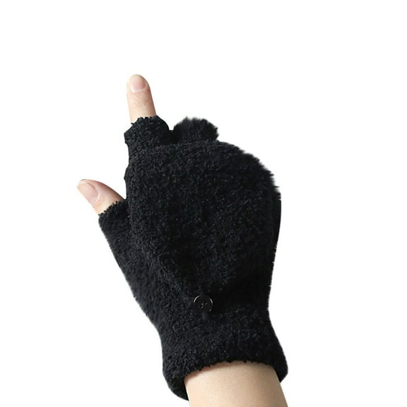 Prolriy Winter Gloves with Coral Couple's Flipped Cold-Proof Half-Finger Gloves Winter Gloves Black