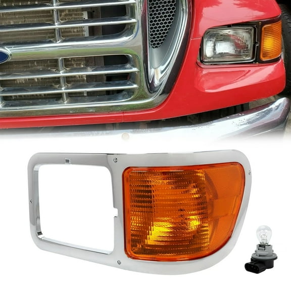 KOJEM Left Corner Signal Lights Fit for 2000-2015 Ford F650 F750 w/Chrome Casing Headlight Bezel Trim Driver Side Replacement for FO2520196