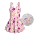 thumbnail image 6 of COEQINE Girls One Piece Swimsuit with Skirt Sleeveless Cute Skirted Bathing Suit Hawaiian Swimwear for Kids 3-4 Years, Summer Swim Dress for Water Play, Tropical Plumeria Pink Purple, 6 of 8