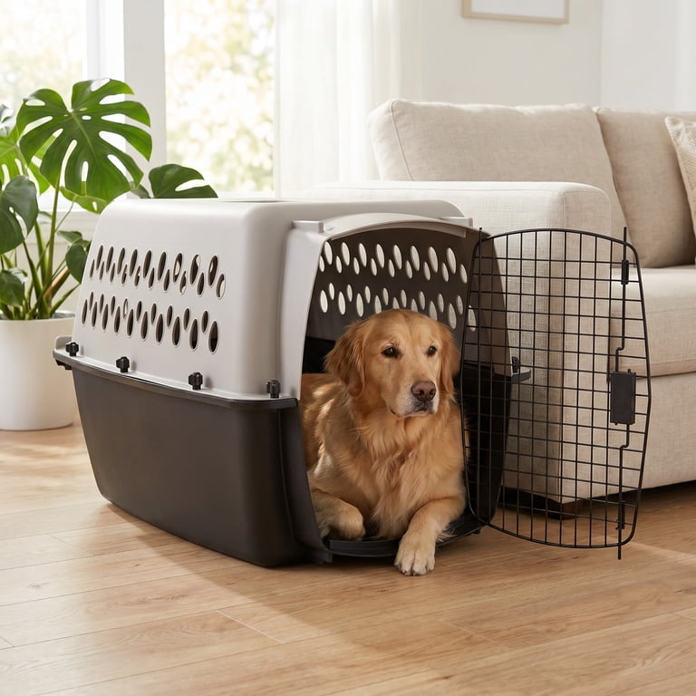 Vibrant Life Large Plastic Hard-Sided Pet Carrier, Black and Gray