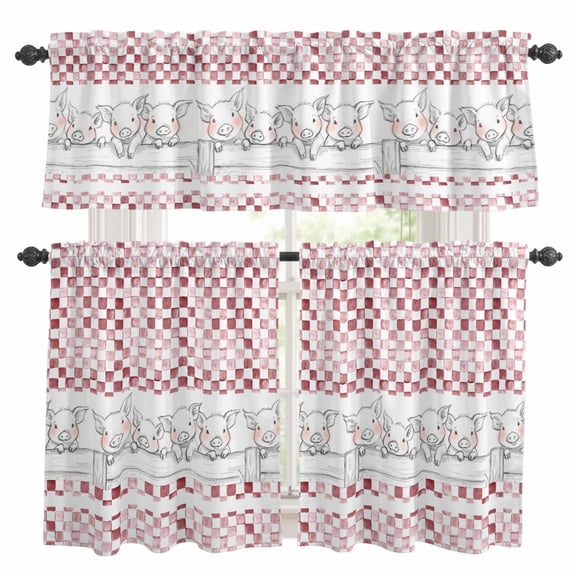 Red Plaid Farmhouse Kitchen Curtains Sets for Windows 24 Inch Length, Watercolor Cute Country Pigs Checkered Rod Pocket Window Treatments Tier Curtains and Valances Set for Bedroom/Bathroom