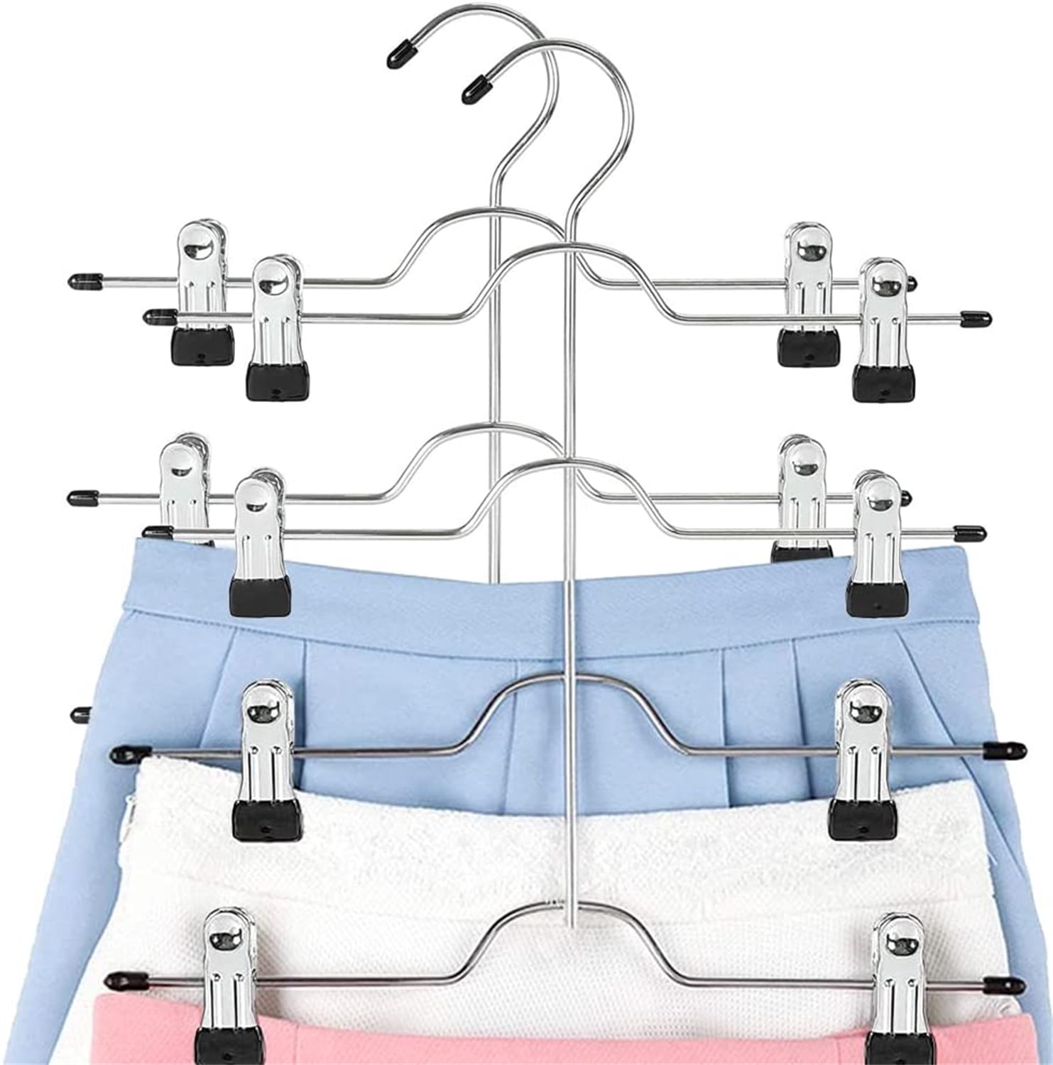 Casewin Space Saving 5 Tier Metal Skirt Hanger with Clips(2pk) Hang 5-on-1, Gain 70% More Space,Rubber Coated Hanger Clips,360 Swivel Hook,Adjustable Clips Pants Hanger,Hang Slack,Trouser,Jeans,Towels