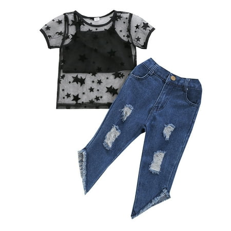 

DNDKILG Toddler Baby Girls 2 Piece Mesh T Shirts and Jeans Set Short Sleeve Outfits Clothes Set Summer with Black 2Y-7Y 100