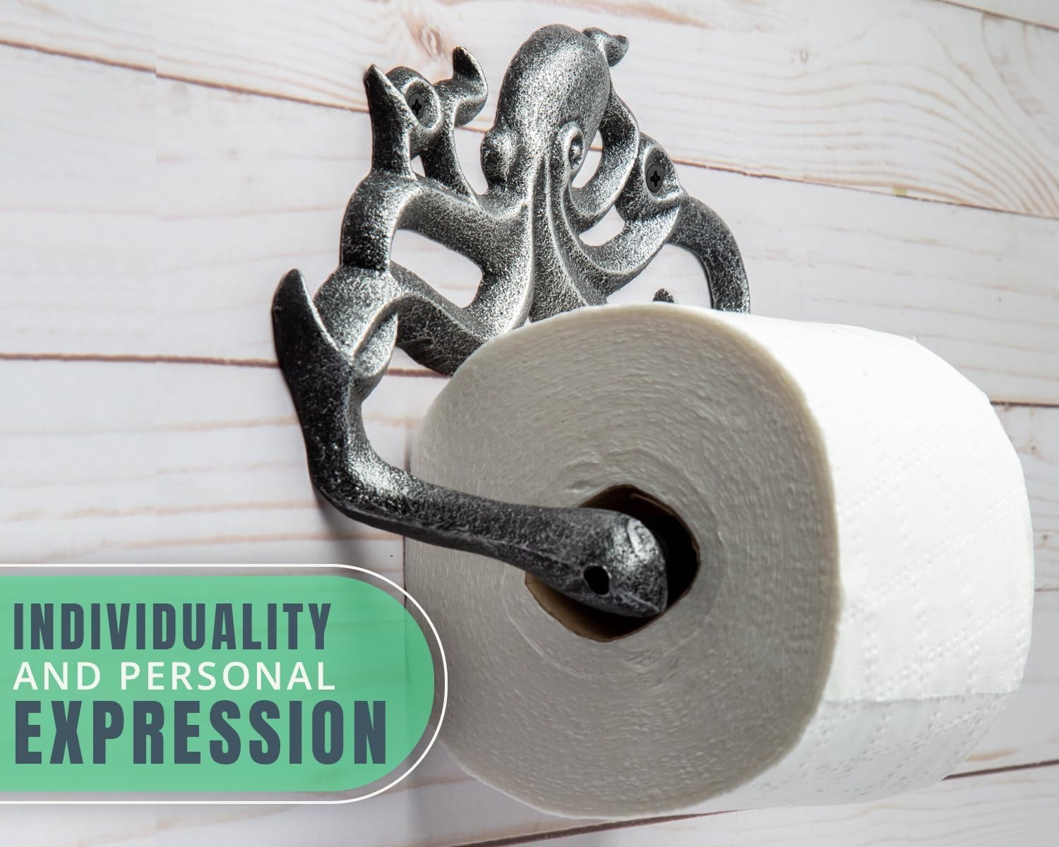 Comfify Cast Iron Octopus Toilet Paper Holder, Wall Mounted Nautical Bathroom Accessory with Screws, Silver/Black