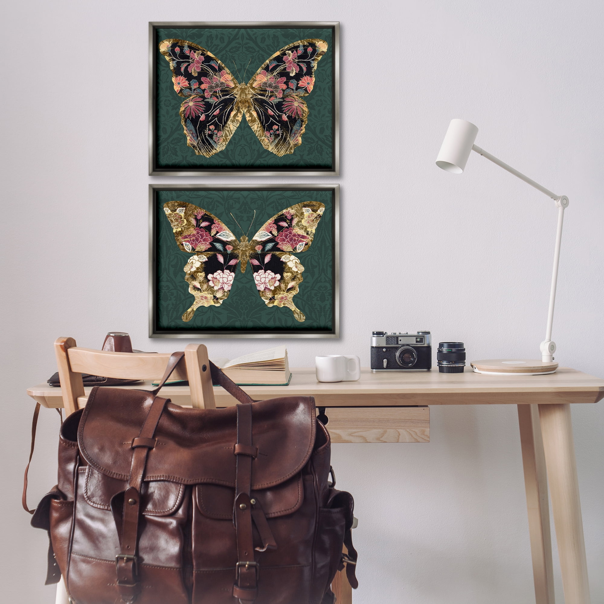 Stupell Industries Gold Black Floral Butterfly Animals Painting Gray Floater Framed Canvas Art Print Wall Art, 21 x 17, Set of 2