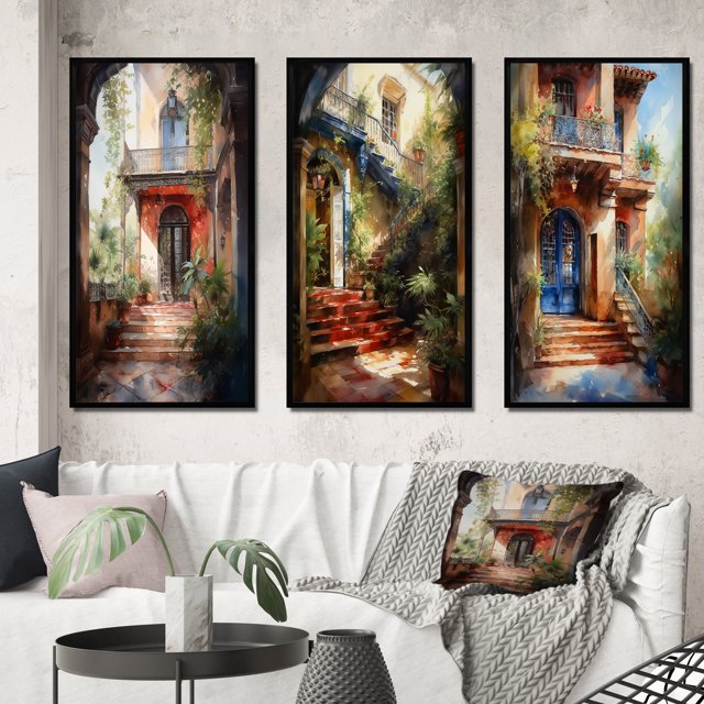 Designart "Country Cottage Entry Rustic Charm II" Farm Framed Wall Art Set Of 3 - White Country Frame Canvas Set For Living Room Decor