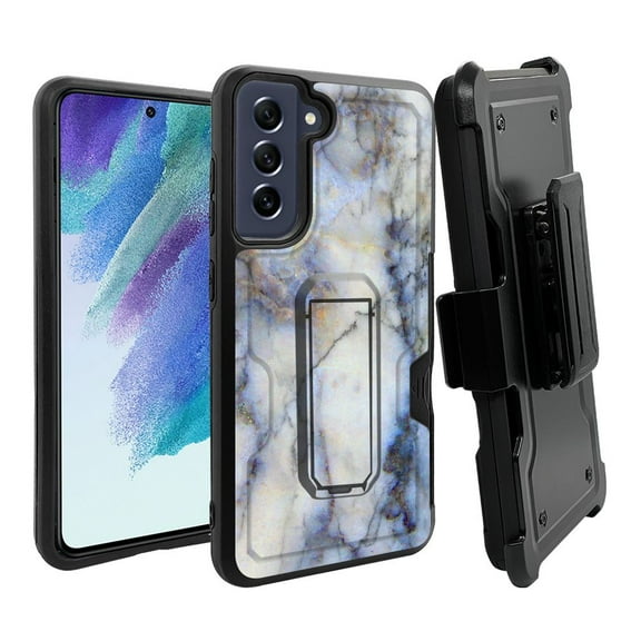 ANJ  Rugged Dual Layer Hybrid Holster Kickstand Case w/ Card Slot   Tempered Glass Cover for Samsung Galaxy S21 FE 5G - White Marble Pattern