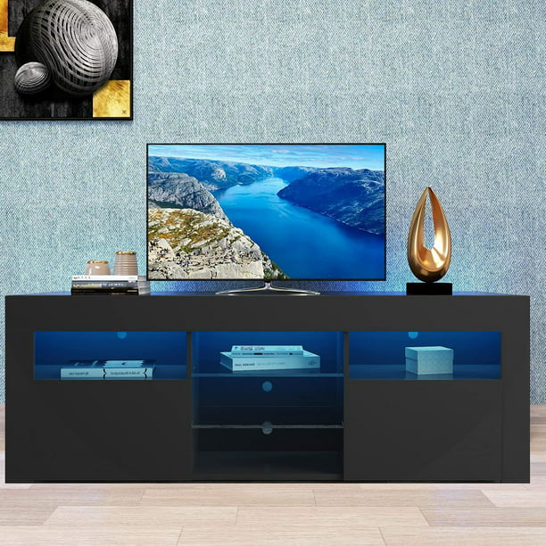 SYNGAR Modern TV Stand for TV up to 65 inches, Console Table with TV Table Stand with 16-Color LED Lights, Black, 58"L×14" -