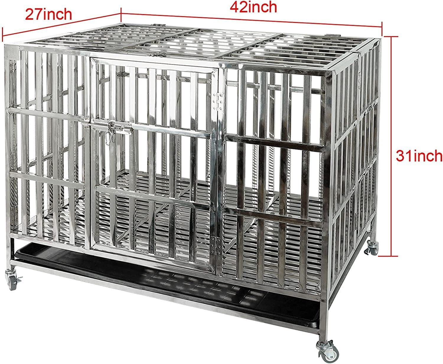 Confote 42" Heavy Duty Stainless Steel Dog Cage Kennel Crate and Playpen for Training Large Dog Indoor Outdoor with Double Doors & Locks Design Included Lockable Wheels Removable Tray No Screw