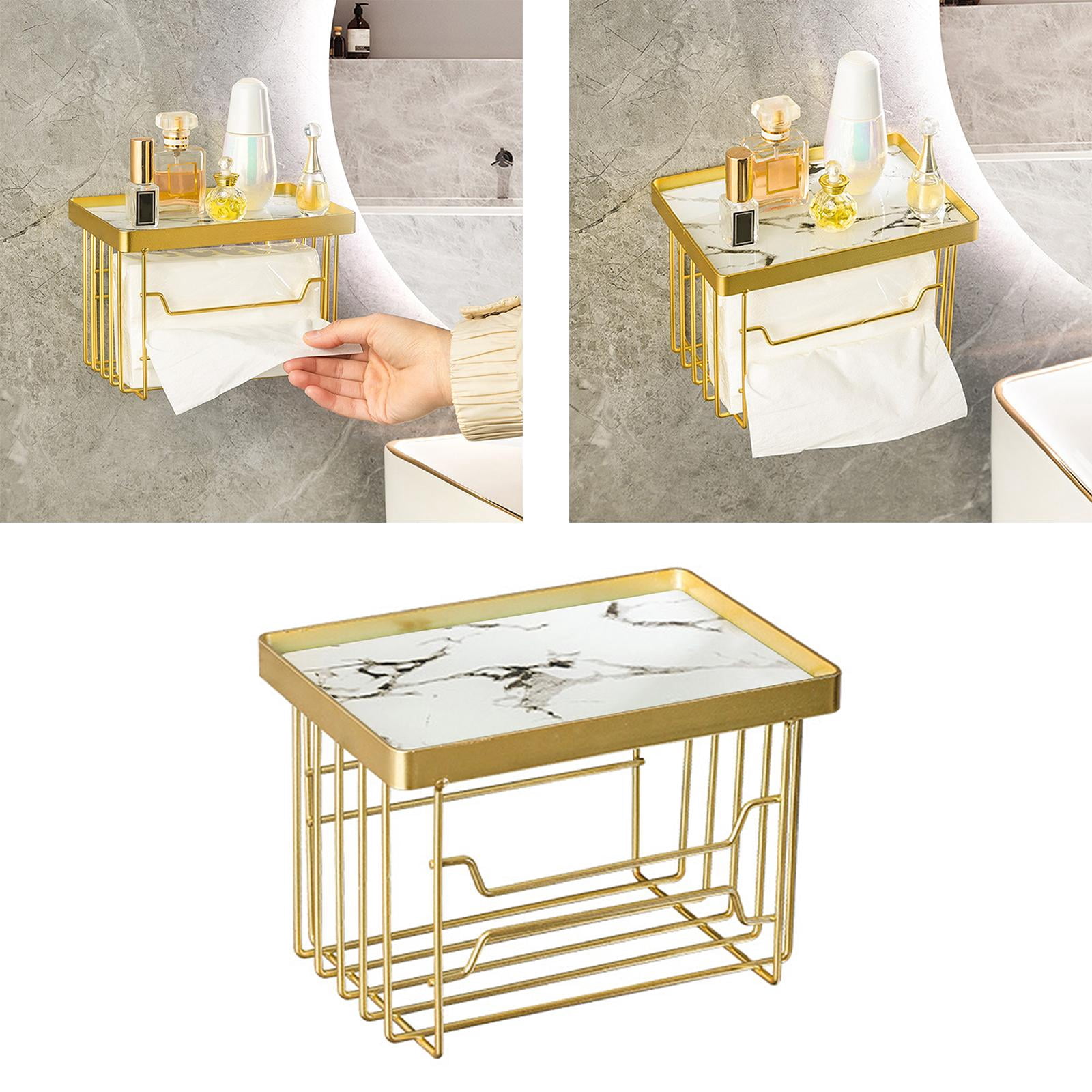 Fiocias Toilet Paper Holder with Shelf Self Adhesive Tissue Roll Dispenser and Organizer White Black Tray