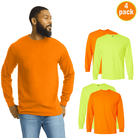 Gildan Safety Green Long Sleeve Pocket T-Shirt for Men, Ultra Cotton High-Visibility Workwear, Pack 4, S