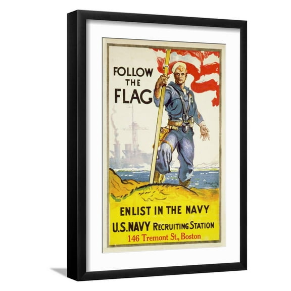Art.com US Navy Vintage Poster - Follow the Flag Art Print by Lantern Press, Black Frame Wall Art, 17" x 23"