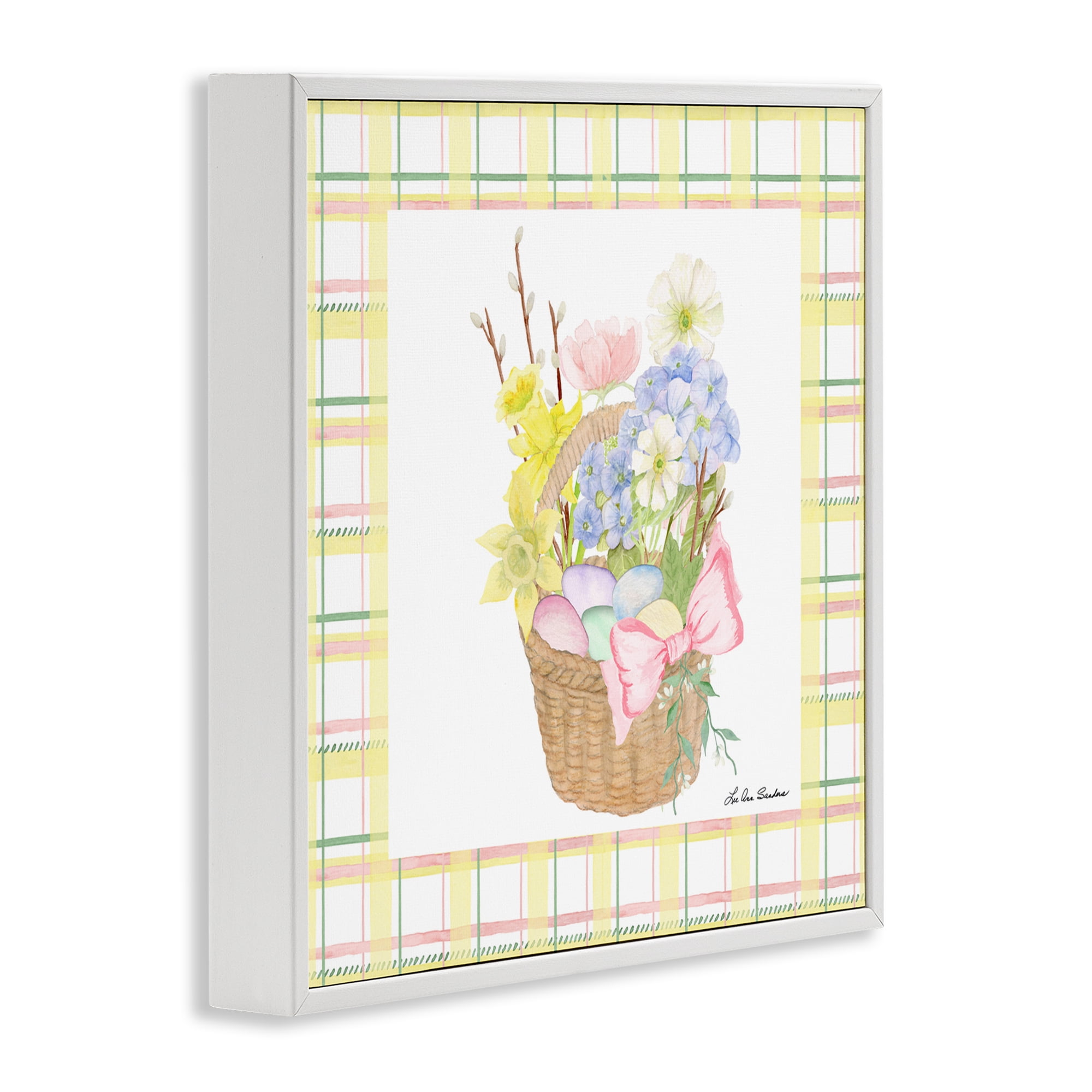 Spring Basket on Plaid White Framed Giclee Art, design by Lee Ann Sanders