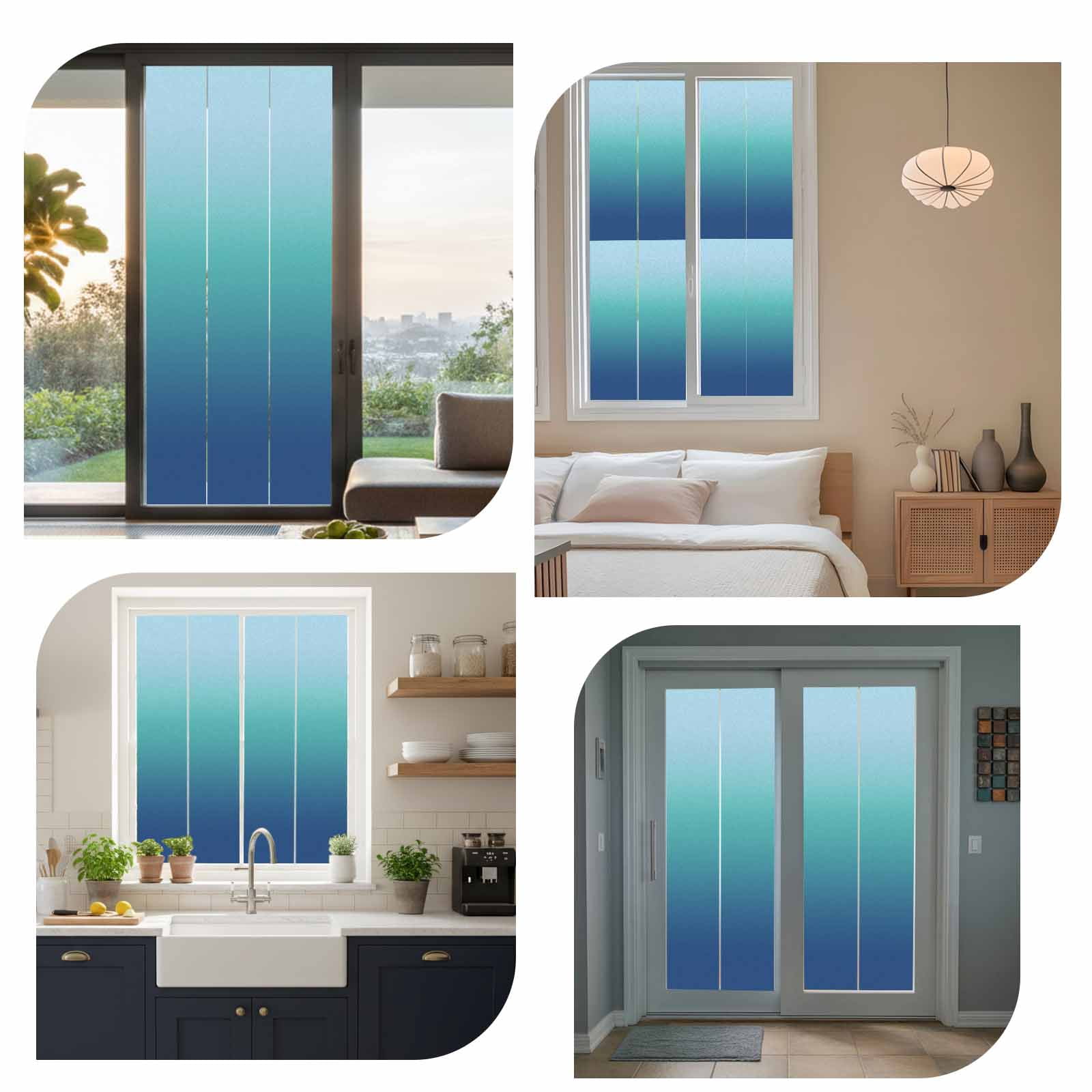 Blue Cyan Window Privacy Film, Gradient Abstract Ombre Art Frosted Glass Window Clings Static Cling UV Heat Blocking Reusable Door Sticker for Bathroom 23.6 x 59 Inch