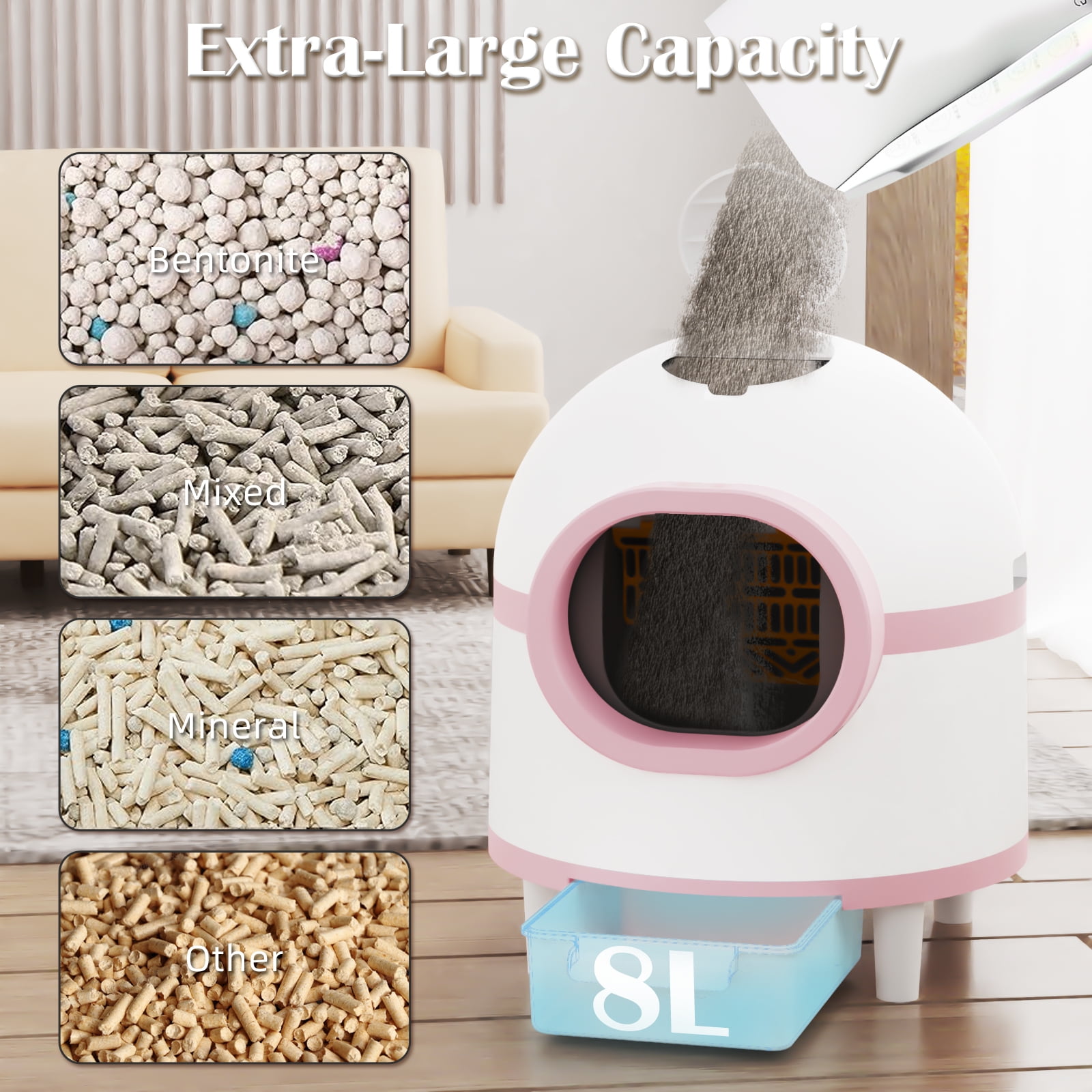 OUDOSPRS Self Cleaning Litter Box, Automatic Cat Litter Box Self Cleaning Large Capacity for Multiple Cats, App-Controlled with Safety Sensors,1 Rolls Garbage Bags,Pink