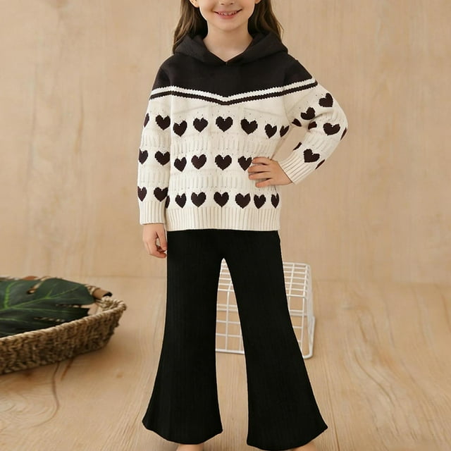 Conjunto de sudadera de punto para niña, de manga larga y capucha, para otoño e invierno, conjunto de dos piezas para niña, top y pantalón, chaqueta con capucha en forma de corazón, top de poliéster p