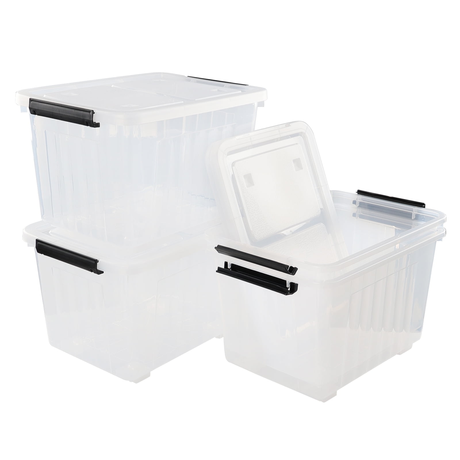 Cand 30 Quart Plastic Storage Box with Wheels, Large Clear Latch Bin, 4