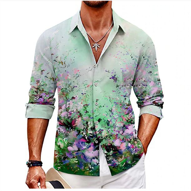 Camisa de hombre con estampado creativo de color, informal, para exteriores, con solapa, manga larga, botones, novedad de