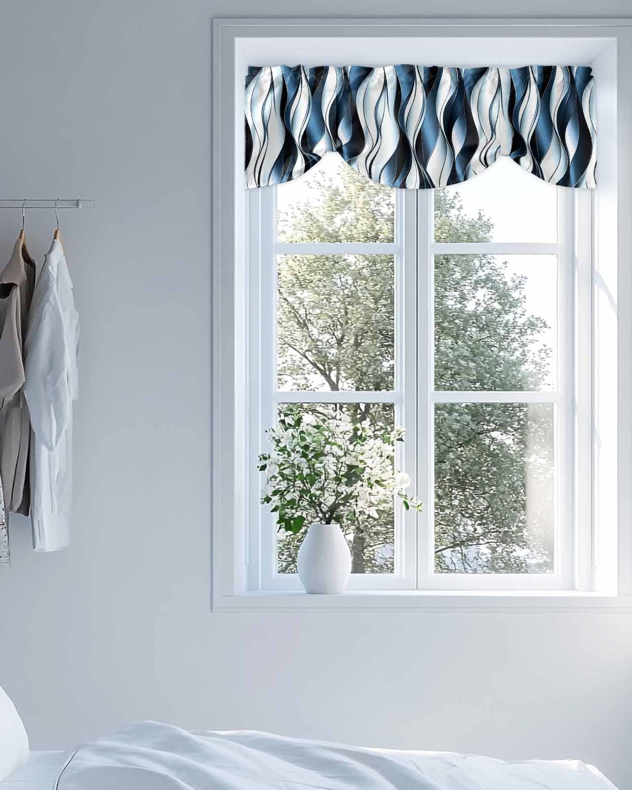 Steel Blue Gradient Line Tie Up Valances Curtain, Adjustable Kitchen Abstract Twist Valances for Windows Decor, Rod Pocket Short Curtains Set for Bedroom/Bathroom, 60"x18"