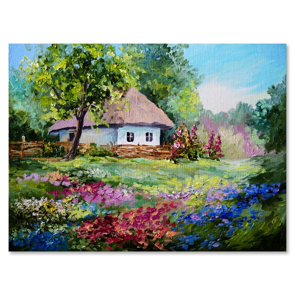 Designart ' House With Blossoming Flowers On The Mountain I ' Traditional Canvas Wall Art Print