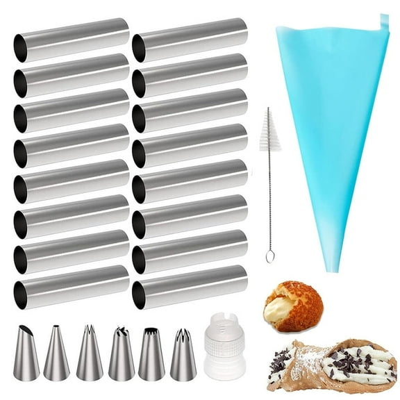 21pcs Cannoli Forms Tubes Kits, Cream Horn Mold, Non-stick Stainless Steel 12pcs Tubular Shaped Baking Molds and 9pcs Bakeware Accessories for Danish Pastry Lady Lock Form, Cream Roll, Croissant