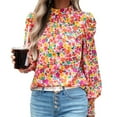 thumbnail image 7 of EFINNY Women Chiffon Broken Flowers Blouse Turtleneck Pleated Long Sleeve Shirt Top, 7 of 7