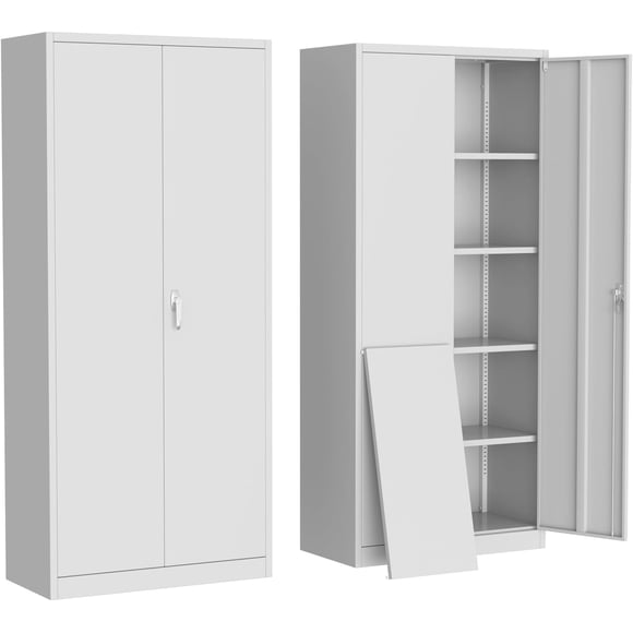 71 inch Tall Metal Storage Cabinet with Lock, 2 Doors 4 Adjustable Shelves, Steel Utility Pantry Cabinet for Garage Office Home Workshop, White
