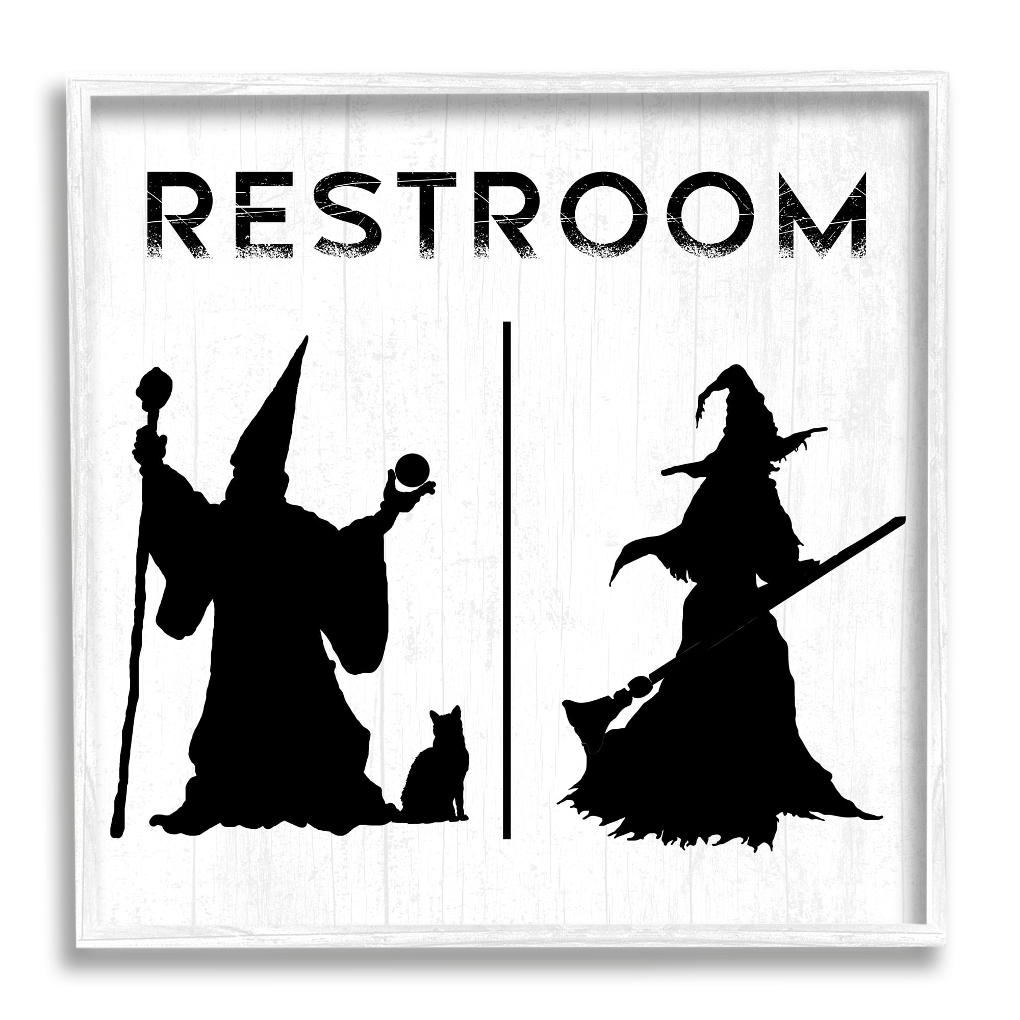 Stupell Industries Rustic Witch & Wizard Halloween Restroom Sign Graphic Art White Framed Art Print Wall Art, Design by Daphne Polselli