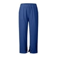 thumbnail image 5 of VEKDONE Cotton Straight Trousers for Women Elastic High Waisted Lounge Pants Casual Lightweight Comfy Button Split Long Pants with Pockets Blue L, 5 of 5