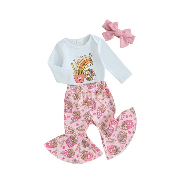 SUNSIOM Baby Girls Spring Outfits Long Sleeve Romper + French Fries Print Flare Pants + Headband Set Infant Clothes