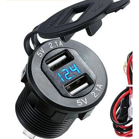 - Dual USB 2.1A Charger Socket Waterproof Power Outlet W/ LED Voltmeter Wire In-line 10A Fuse for 12-24V Car Boat Marine Motorcycle 4.2A