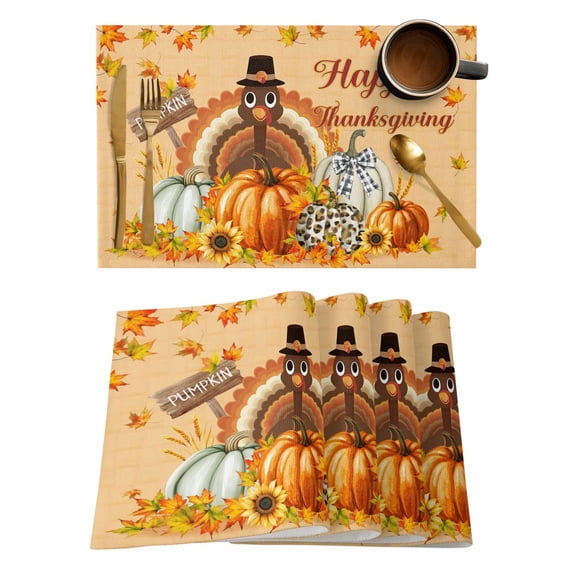 Happy Thanksgiving Placemats Set of 1 Turkey Maple Leaf Pumpkin Sunflower Harvest Heat Insulation Washable Place Mats, Rustic Non-Slip Table Mats for Dining Table Party Kitchen Decor,13x19 Inch