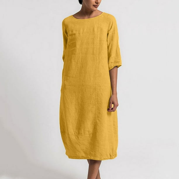 Women's Cotton Linen Dresses Crew Neck Half Sleeve Summer Dresses