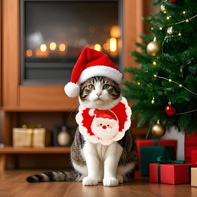 BAOPAI Écharpe pour Animal de Compagnie Rouge en Polyester Tricoté Chaude Faite à la Main Col Ajustable Photos de Noël Repas des Fêtes Réunions de Famille