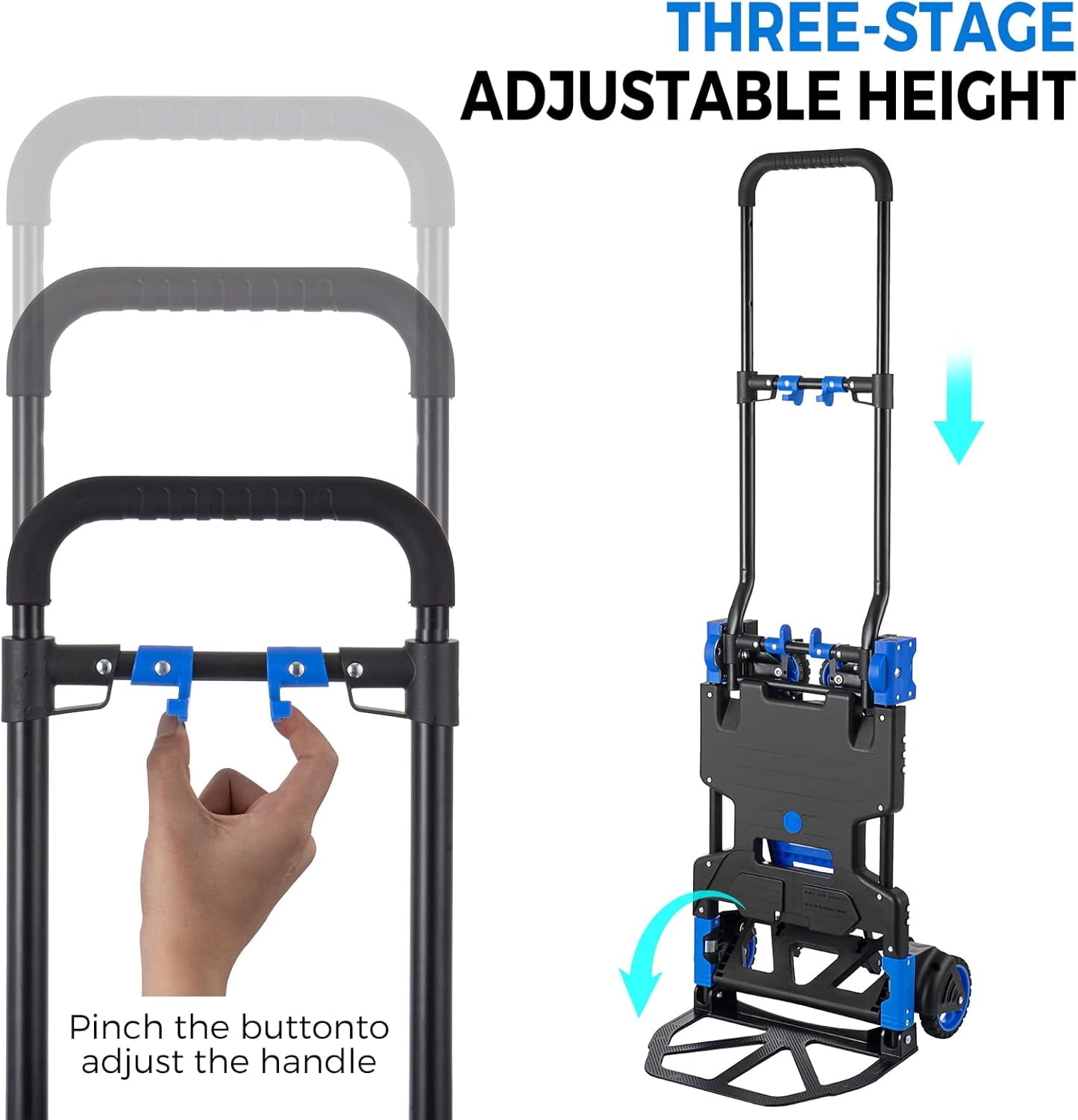 SHZOND 2 in 1 Folding Hand Truck Dolly with Basket, 330LBS Capacity  Hand Truck with 4 Wheels, Retractable Handle Collapsible Cart, Include 2 Bungee Cords, for Moving, Luggage, Office