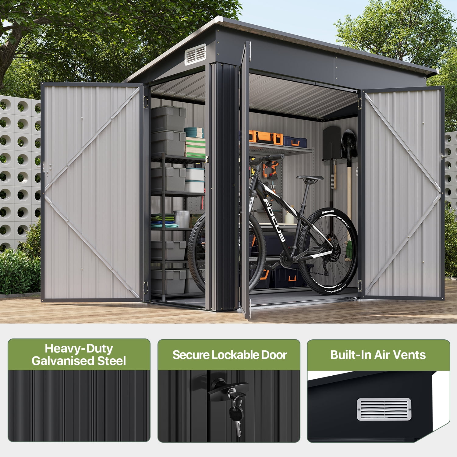 BaPiPro 8'x4' Lean-to Metal Storage Shed with Floor, Outdoor Lockable Shed with Triple Doors & Vents for Garden, Backyard, Patio - Black