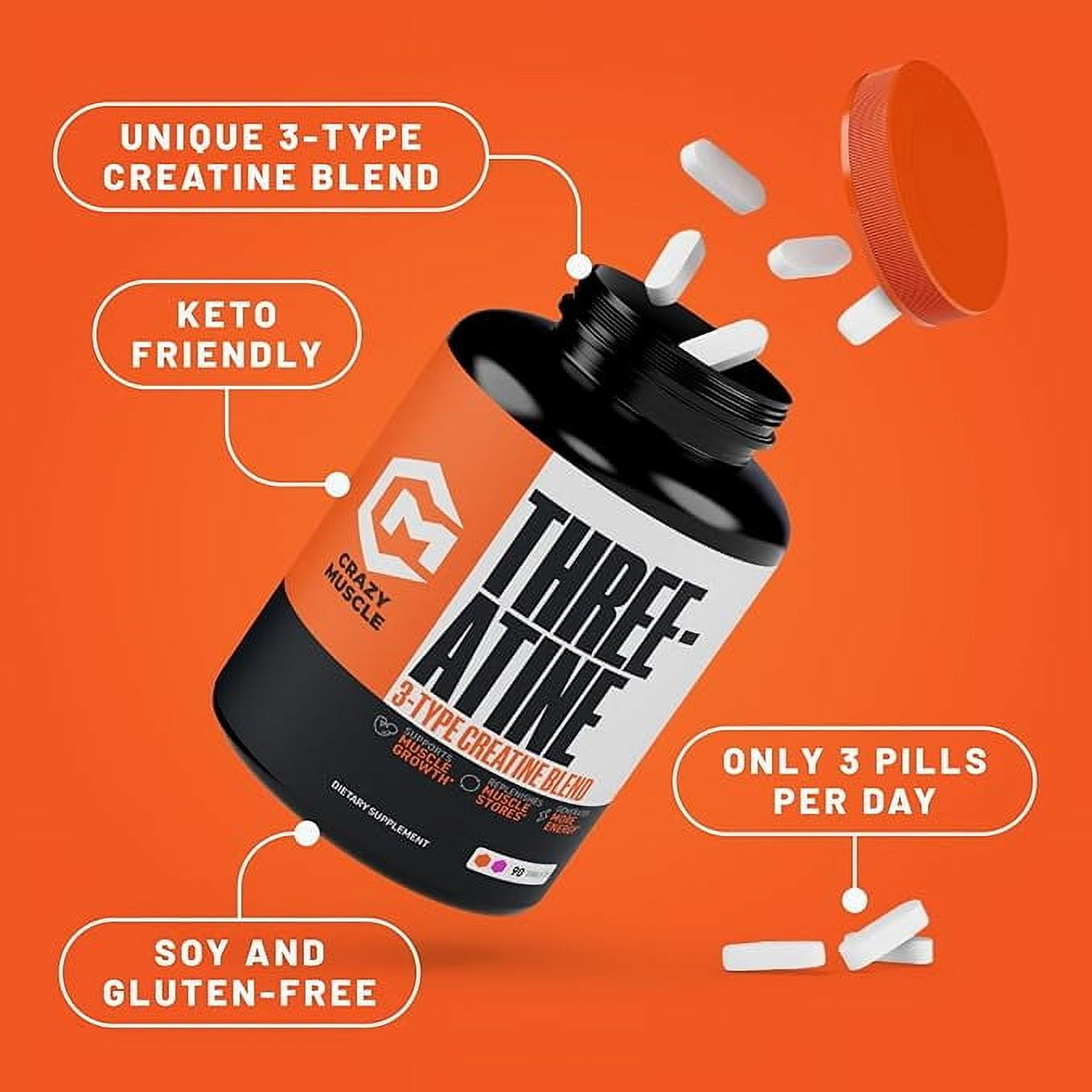 Crazy Muscle Creatine Monohydrate Pills, Premium 3 Type 5g Creatine Pills, Pre/PostWorkout & Keto Energy Builder, Easy to Take Three-Atine for Optimum Performance Men Women, 90 Tablets
