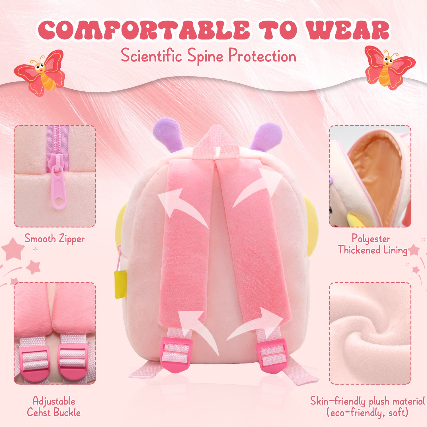 Mochila infantil de peluche de animal, para niños y niñas de 2 a 6 años, ajustable, suave, lavable a máquina, diseño de mariposa 3