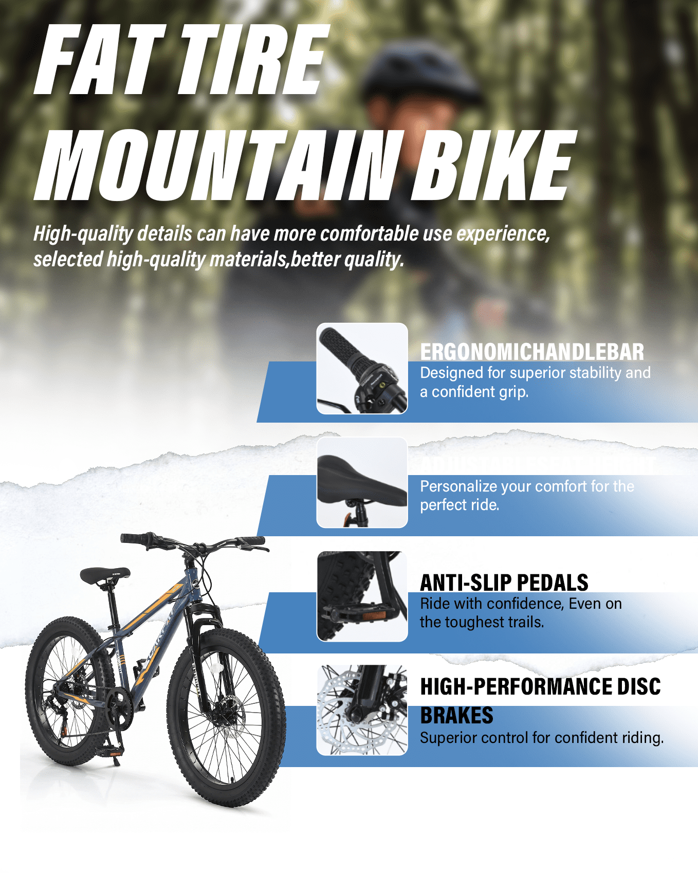 24 inch Fat Tire Mountain Bike, Outdoor Cycling Bike with 7-Speed for Boys Girls, High Carbon Steel Frame, Dual Disc Brake, Wide Tires, Suspension Fork, Anti-Slip Bikes, Gray Blue