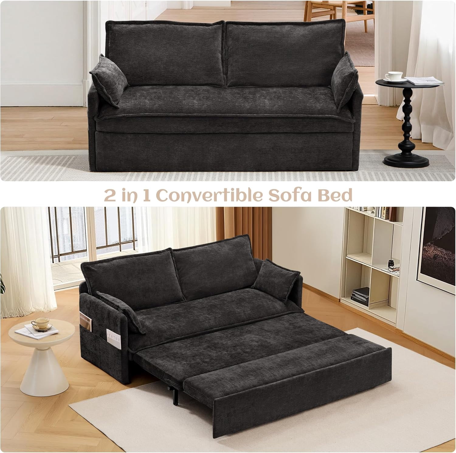 Modern Convertible Sleeper Sofa with USB Charging, Queen-size Corduroy Upholstery Sofa Bed, Black