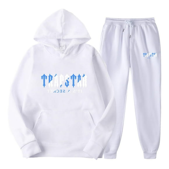 Trapstar Chandails à Capuchon pour Femmes Ensembles Chandails Graphiques à Manches Longues Amples Trapstar Chandails à Enfiler de Style Rue Hip-hop + Pantalons de Survêtement Ensemble pour Femmes de 2 Chandails Classiques (Blanc, G)