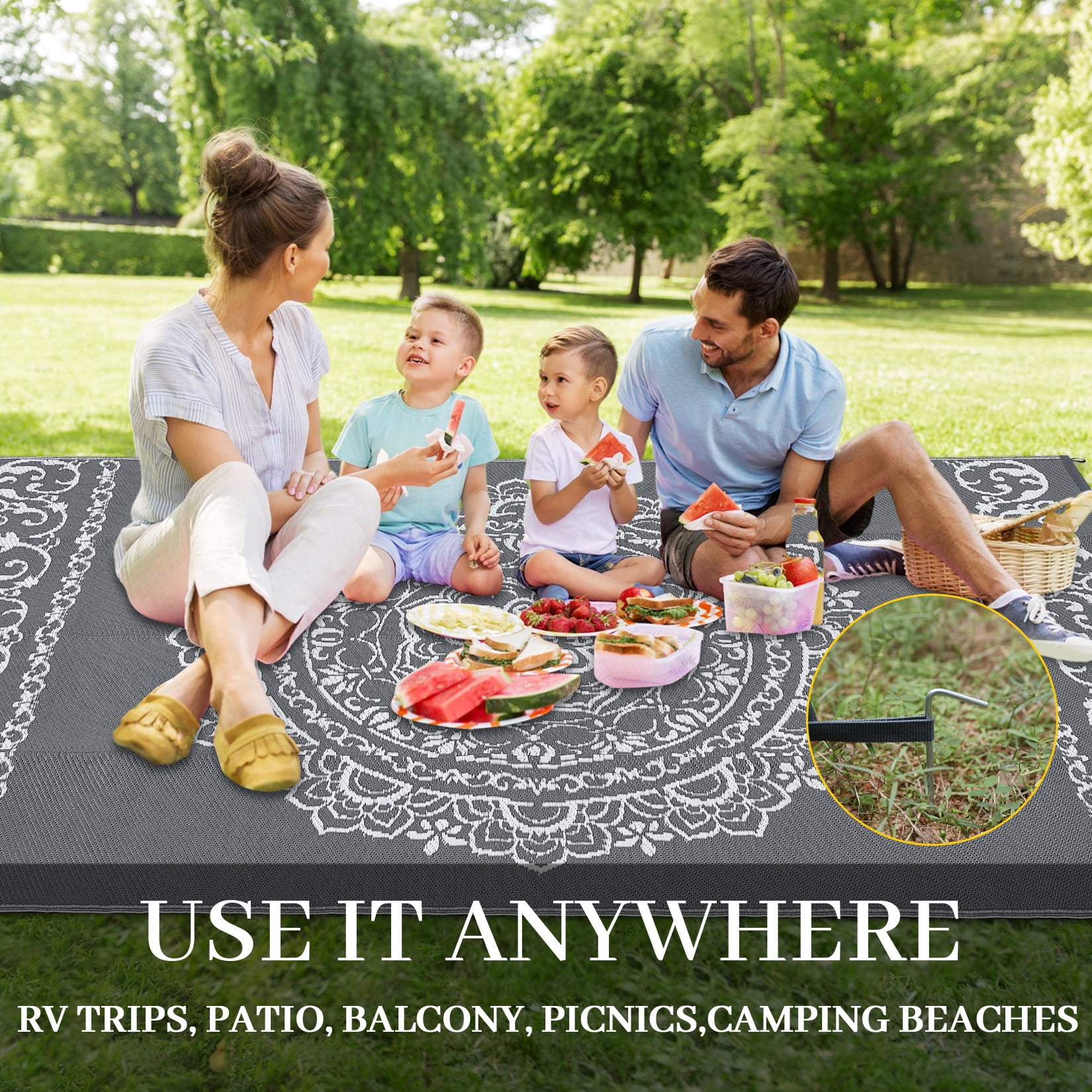 Gavee 5'x8' Boho Outdoor Rug, Waterproof Reversible Patio Area Rug Indoor Outdoor Carpet, Plastic Straw Rug RV Outdoor Mat for Camping Deck Balcony, Porch, Picnic, Gray and White