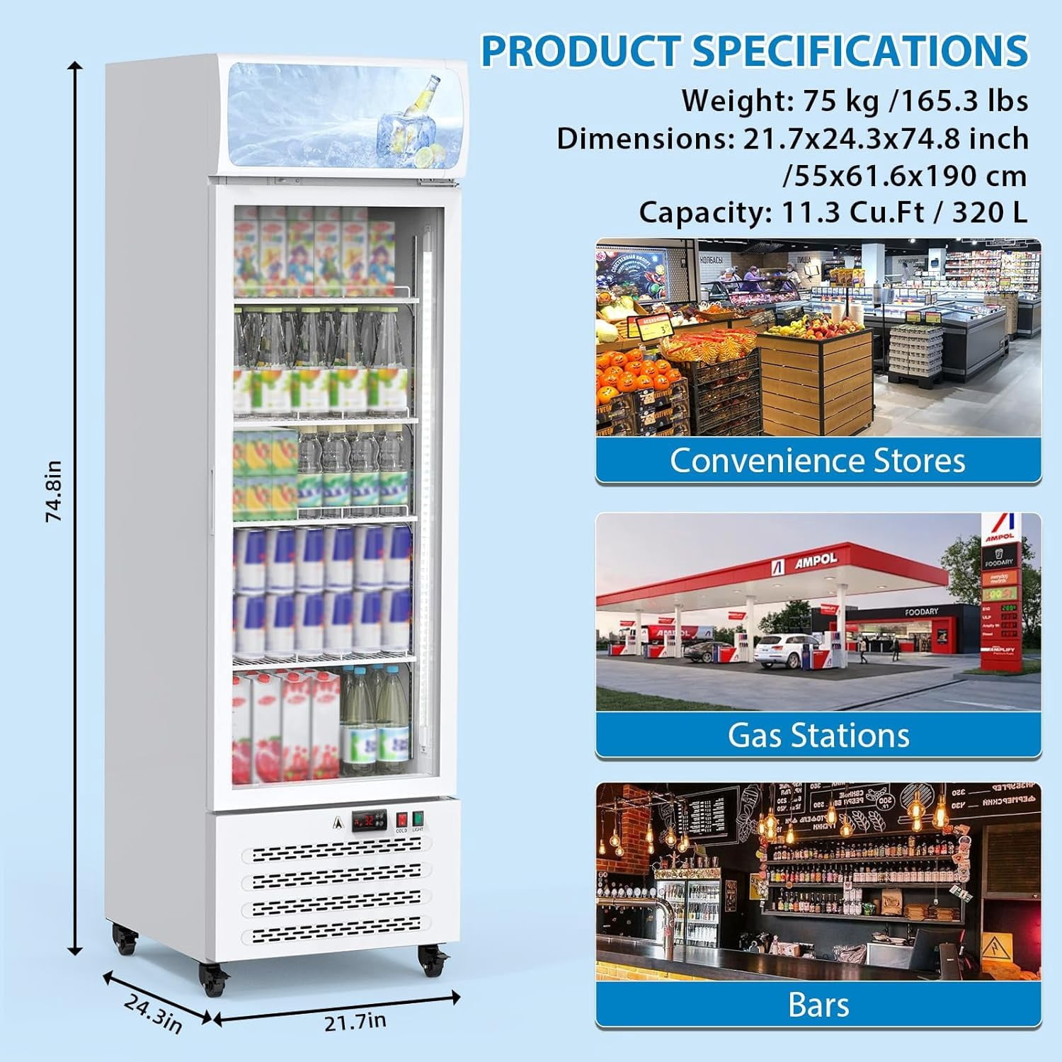 Acekid Dual-Layer Glass Door Commercial Display Refrigerator, Beverage Cooler with LED, White