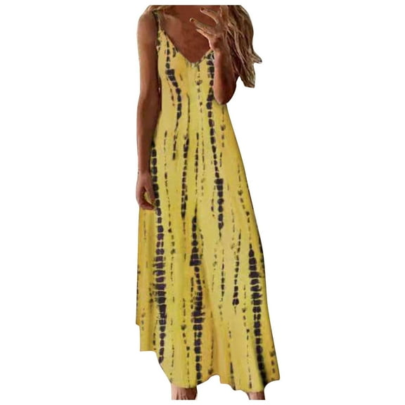 QLEICOM Women's 2023 Summer Dress Solid V-Neck Racerback Slim Fit Wrapped Hip Dress Maxi Dresses Beach Sundress Dress Yellow XL, US Size:10