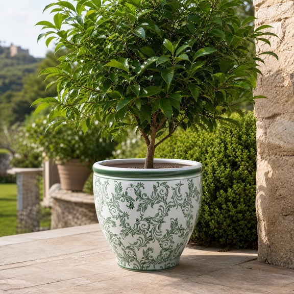 Haven Crest 15.5-Inch Green Paisley Planter, Drainage