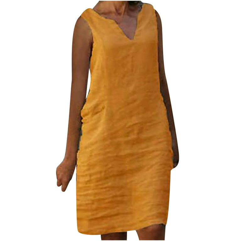 Transer Dresses for Women 2023 Deals Women's Cotton Linen Dress Sleeveless  Shift Dress V Neck Casual Tank Dress Summer Midi Dresses 
