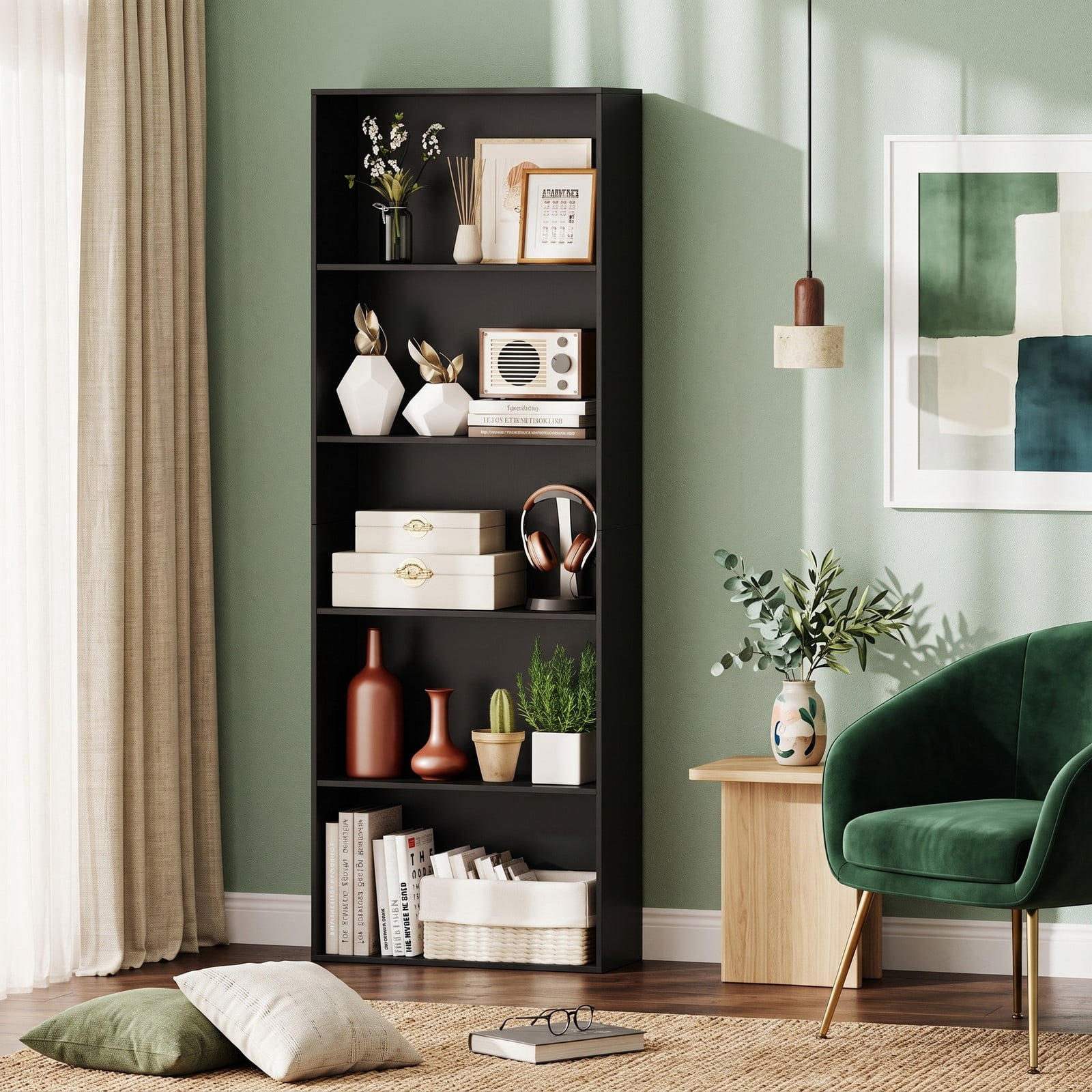 Furnibear 5-Tier Bookshelf, 67 Inch Modern Wood Storage Bookcase, Multi-Functional Display Cabinet with 2 Anti-Tipping Kits for Living Room, Bedroom, Home Office and