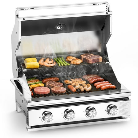 KNDKO Stainless Steel 4-Burner Propane Gas Grill, BBQ Grill with Tool Holders, Porcelain-Enameled Cast, Iron Grates for Outdoor Cooking