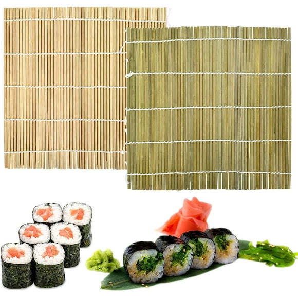 ShenMo Natural Bamboo Sushi Mat, 2 Pcs Roll Bamboo Mat Sushi Mat Sushi Washable Sushi Tray Reusable Bamboo Sushi Making for Kitchen Party Professional Beginners, 24 x 24 cm